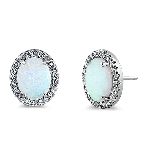 women’s sterling silver earrings -women’s sterling silver earrings -Sterling Silver White Lab Opal & Clear CZ Oval Stud Earrings