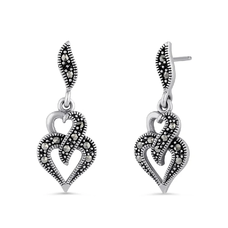 pearl earrings for women -pearl earrings for women -Sterling Silver Double Heart Marcasite Dangle Earrings