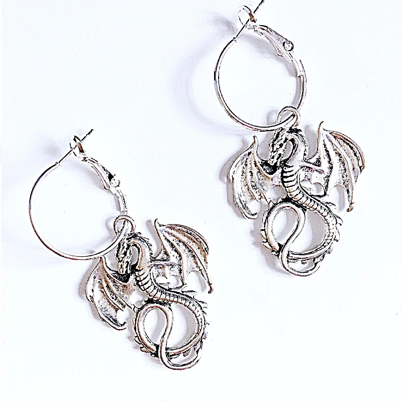 emerald earrings for women -emerald earrings for women -Y2K 2000S 90S STYLE SILVER DRAGON HOOP EARRINGS