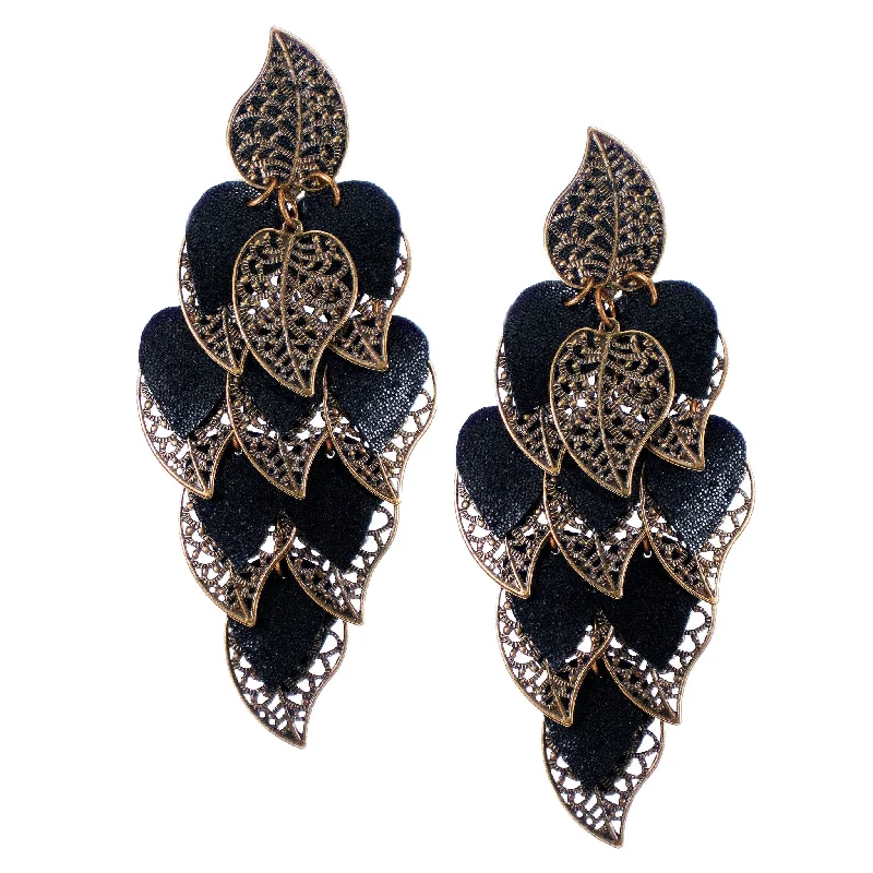 women’s bold earrings -women’s bold earrings -#992e Old Gold Tone Filigree & Black Leather Oversized Cascade Earrings