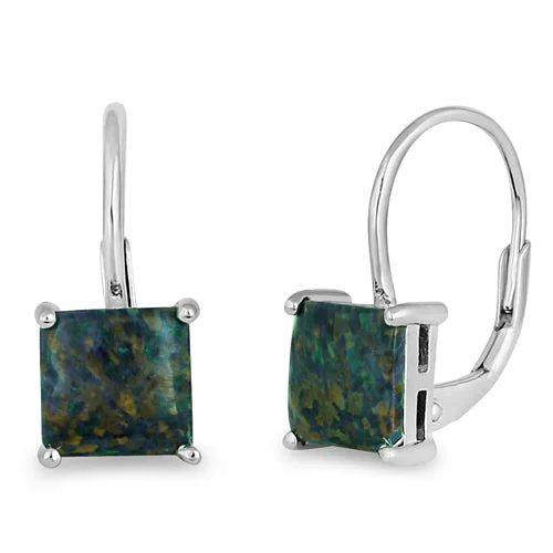 diamond stud earrings for women -diamond stud earrings for women -Sterling Silver Elegant Black Lab Opal Square Earrings