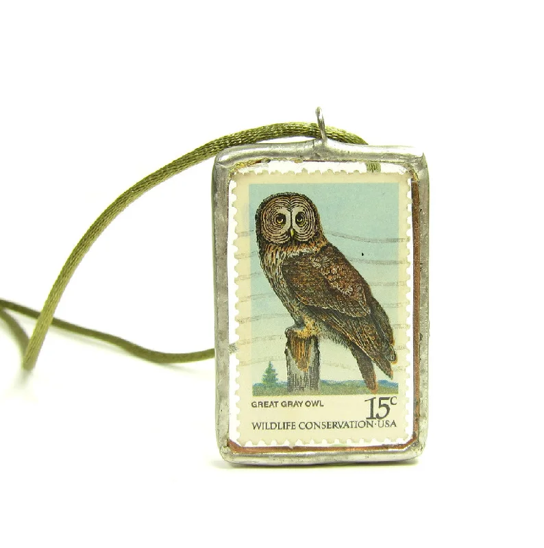 lucky charm necklaces for women -lucky charm necklaces for women -Owl Necklace Postage Stamp Soldered Pendant Great Gray & Horned Owl