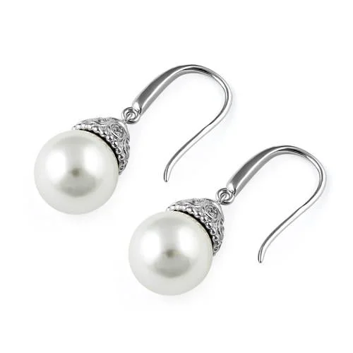 women’s vintage earrings -women’s vintage earrings -Sterling Silver Elegant Synthetic Pearl & Clear CZ Hook Earrings