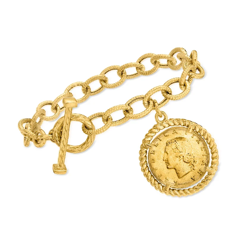 charm bracelets for women -charm bracelets for women -Ross-Simons Italian 18kt Gold Over Sterling Replica Lira Coin and Oval Link Toggle Bracelet