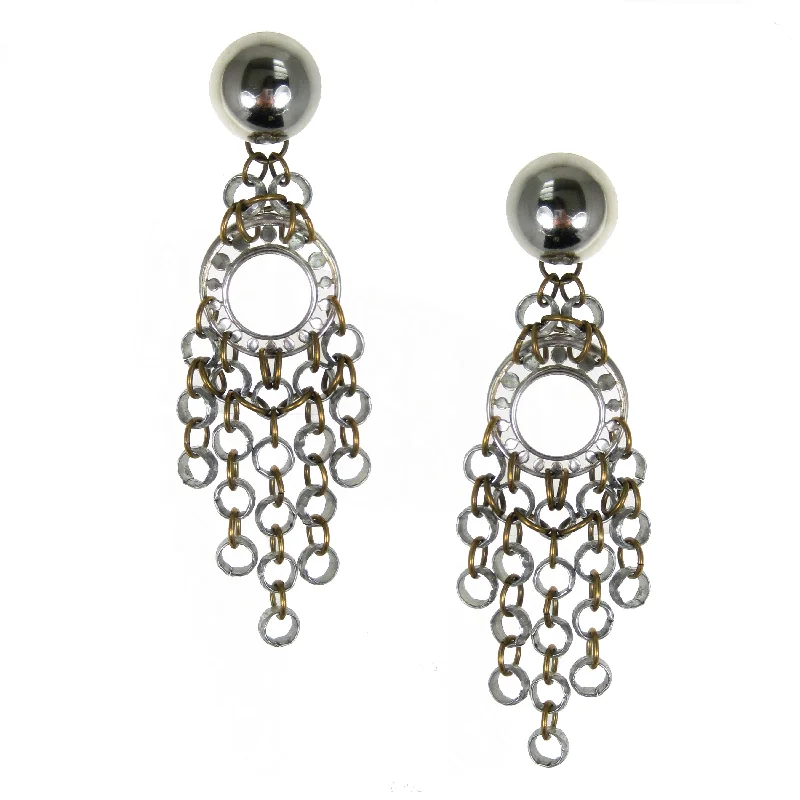 women’s earrings -women’s earrings -#806e Silver & Gold Tone Chainmail Long Fringed Earrings