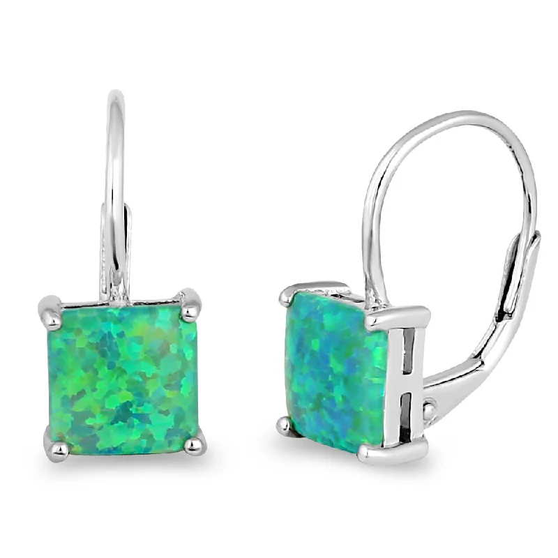 simple stud earrings for women -simple stud earrings for women -Sterling Silver Elegant Green Lab Opal Square Earrings