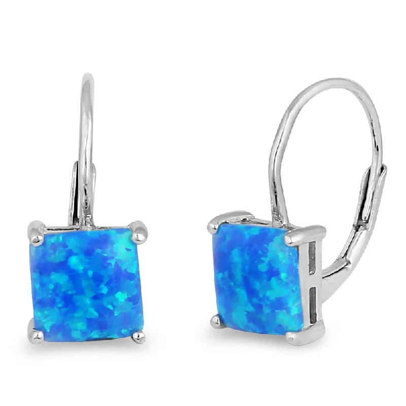 emerald earrings for women -emerald earrings for women -Sterling Silver Elegant Blue Lab Opal Square Earrings