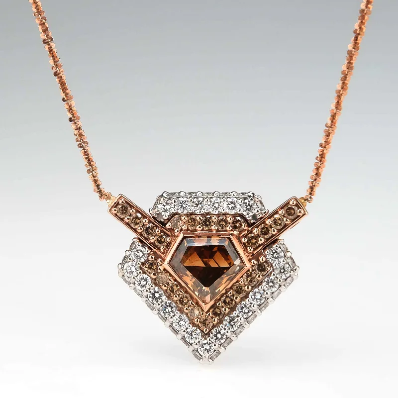 matching necklaces for women -matching necklaces for women -GIA 2.59ct Natural Brown Shield Diamond Double Halo Necklace in 14K Rose Gold