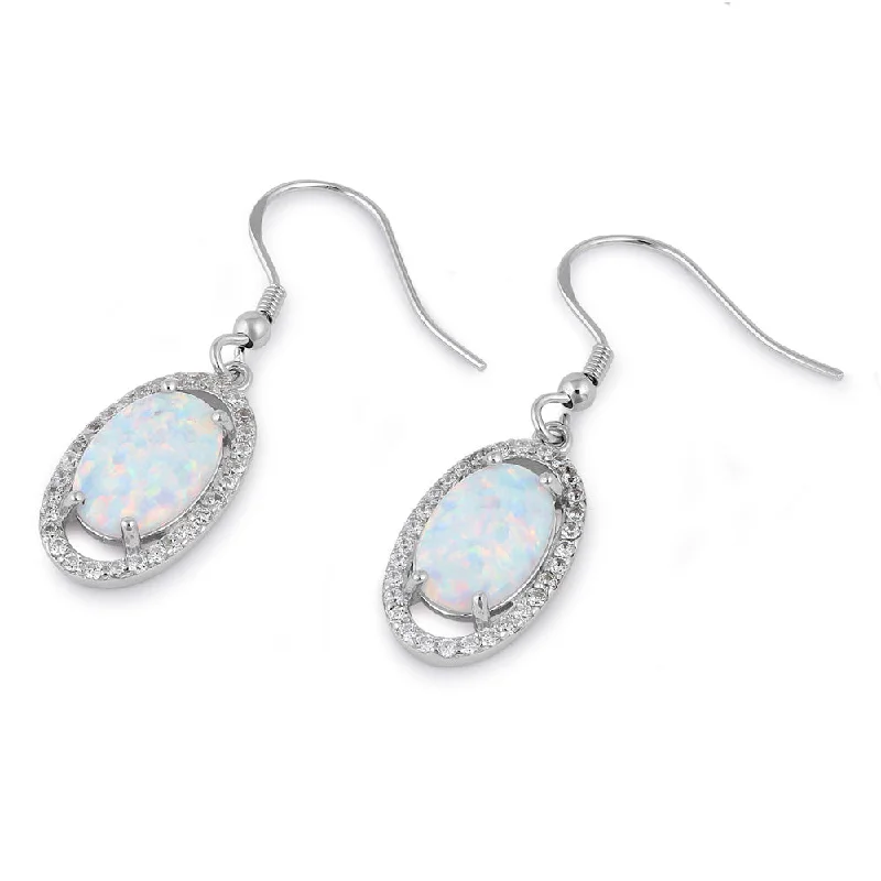 trendy stud earrings for women -trendy stud earrings for women -Sterling Silver White Lab Opal & Clear CZ Oval Hook Earrings