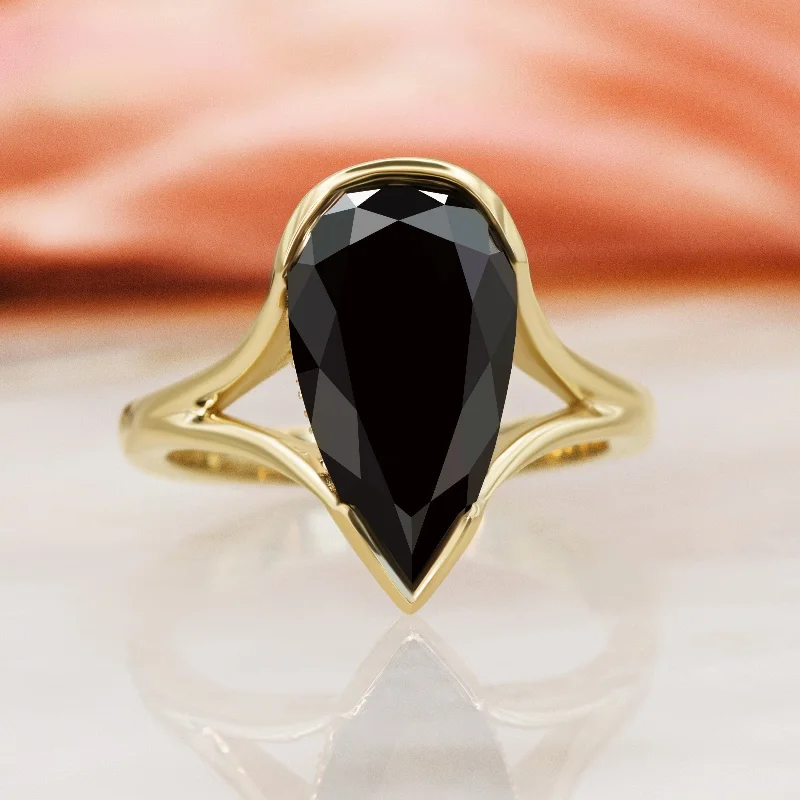 two-tone engagement rings -two-tone engagement rings -Pera Scura - Semi Bezel Natural Black Diamond Elongated Pear Engagement Ring in Yellow Gold